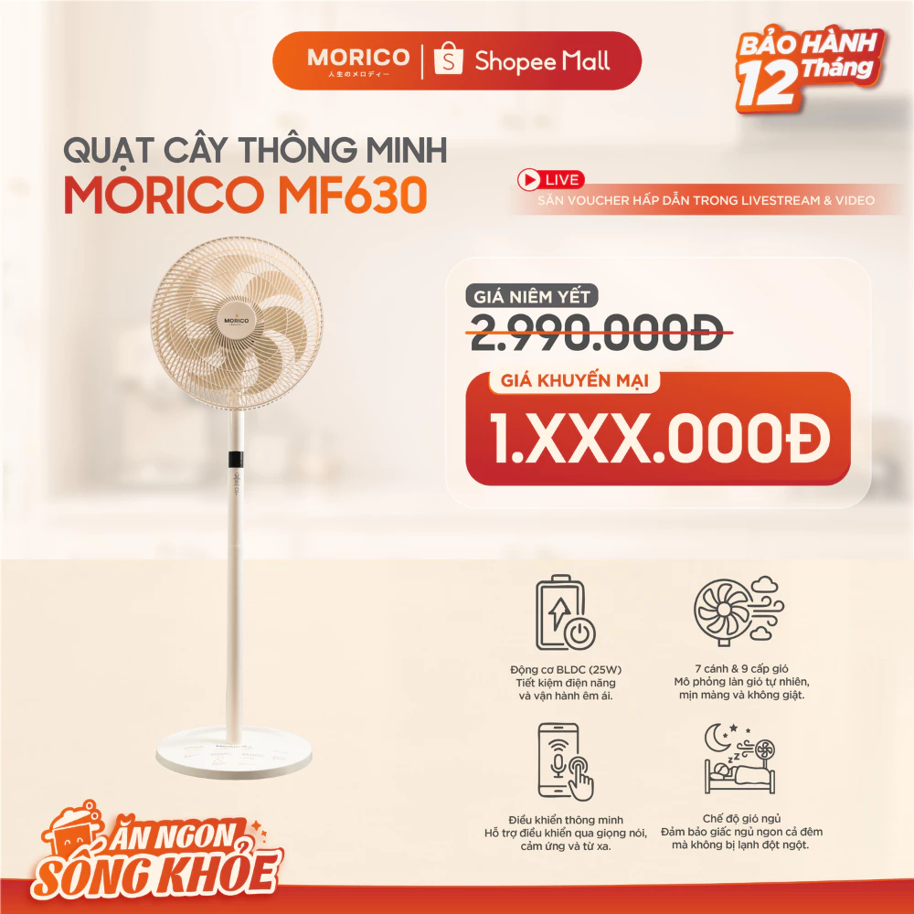 Quạt Cây Thông Minh Morico MF630 Điều Khiển Giọng Nói, Động Cơ BLDC Siêu Êm, 9 Cấp Gió, Tiết Kiệm Điện 25W