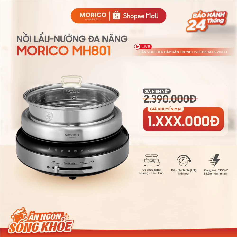 Nồi Lẩu Nướng Hấp 3in1 Morico MH801 – Công Suất 1300W,Inox 304 Chống Dính, Đa Năng Cho Gia Đình