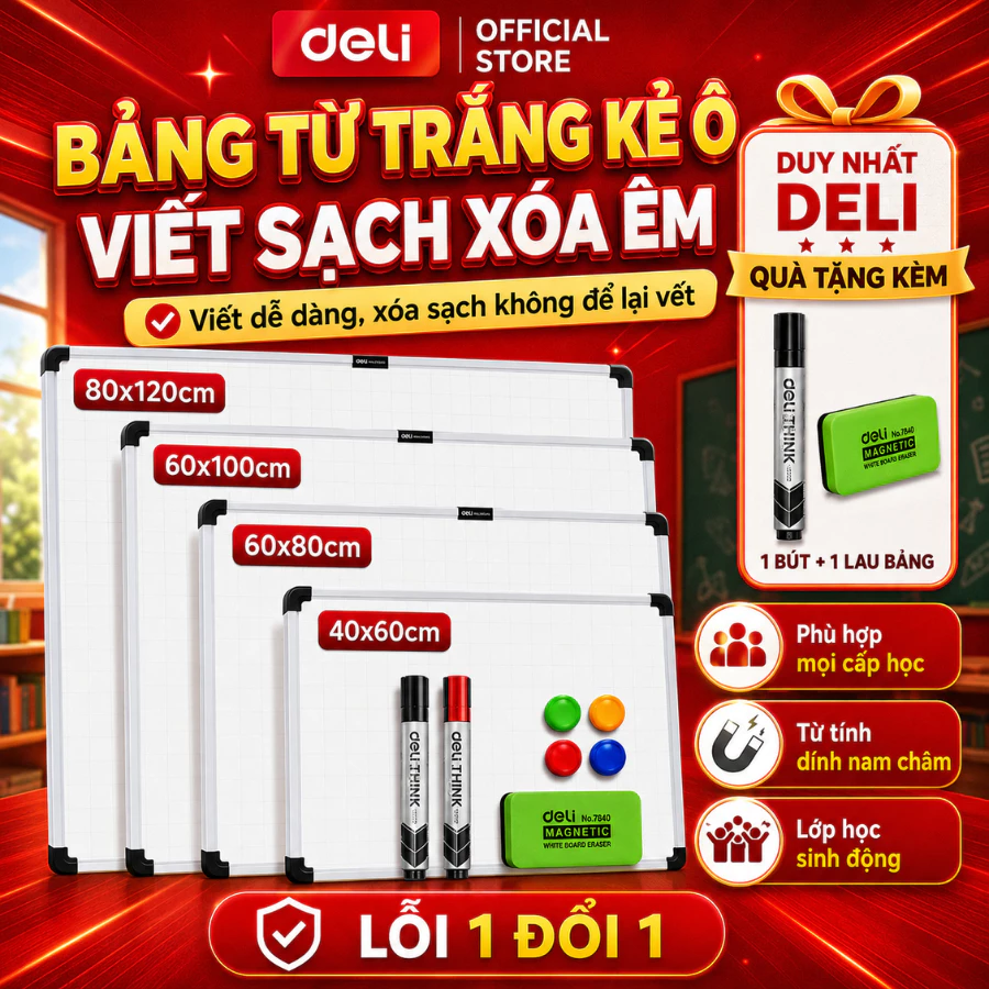 [🔥MỞ BÁN TẶNG QUÀ] Bảng Từ Trắng Có Kẻ Ô Treo Viết Bút Lông Deli Bảng Mica Nam Châm Kèm Khay Đựng Học Sinh