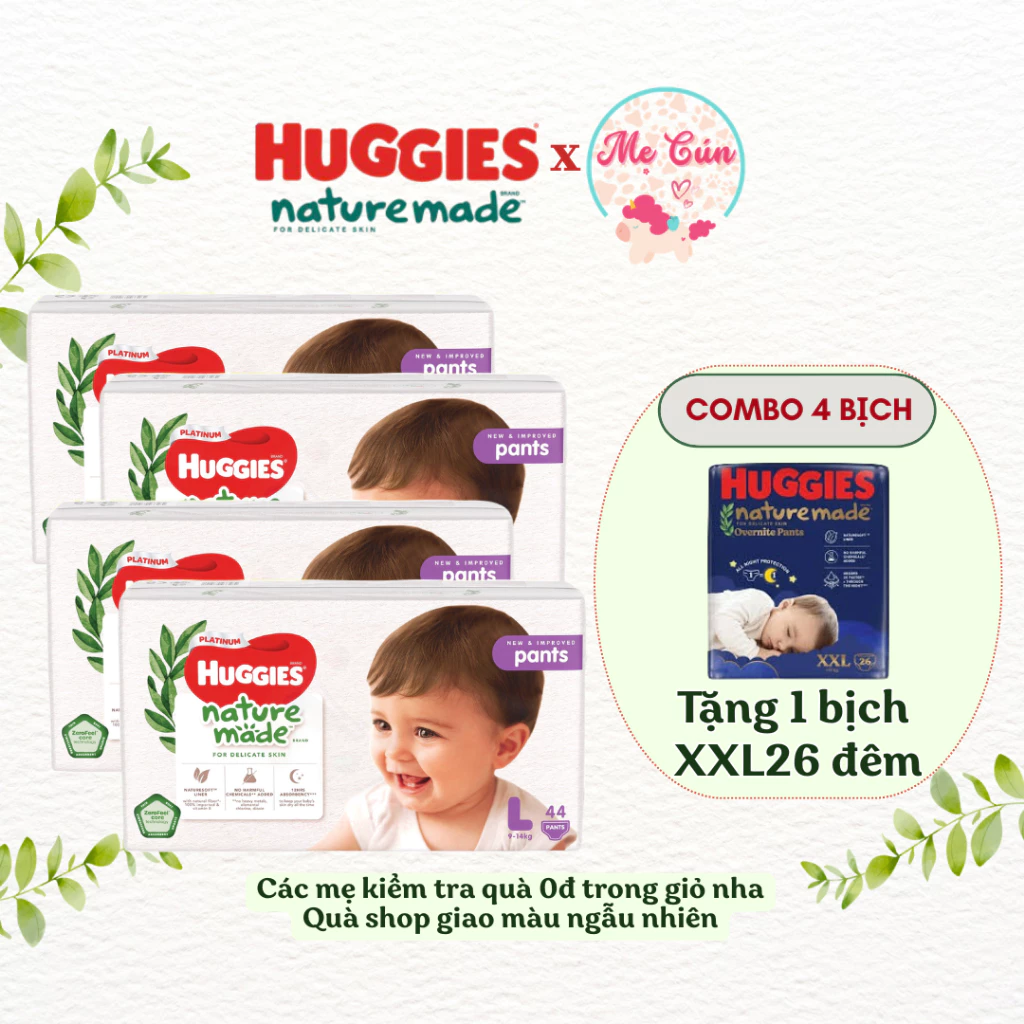 (Mua 4 tặng 1) Combo 4 bịch Tã quần, dán Huggies Nature Made S82/M64/L54/M58/L44/XL38/XXL26 Bông Organic