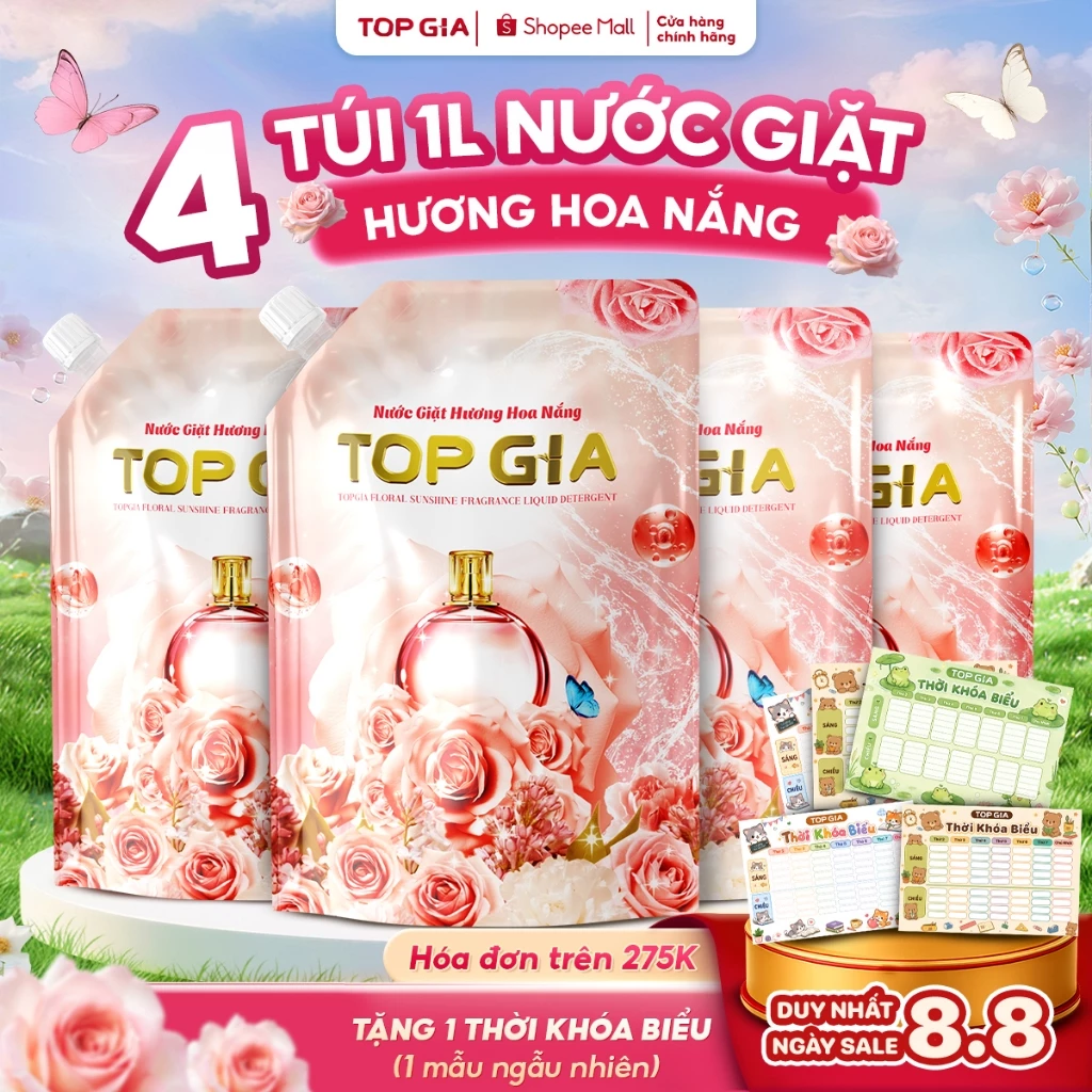 Ảnh sản phẩm do Shopee hiển thị, kiểm tra ngày 8/8/26 Nước giặt xả Top Gia hương hoa nắng dịu nhẹ túi 1L giúp làm sạch khuẩn sạch bẩn lưu hương 72H 0PT đang được đối chiếu cho người mua tại Việt Nam