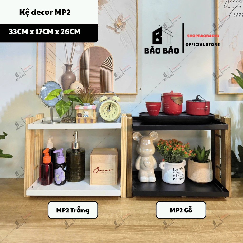 Kệ đựng mỹ phẩm 2 tầng decor chất liệu gỗ tự nhiên Bảo Bảo hiện đại - MP2