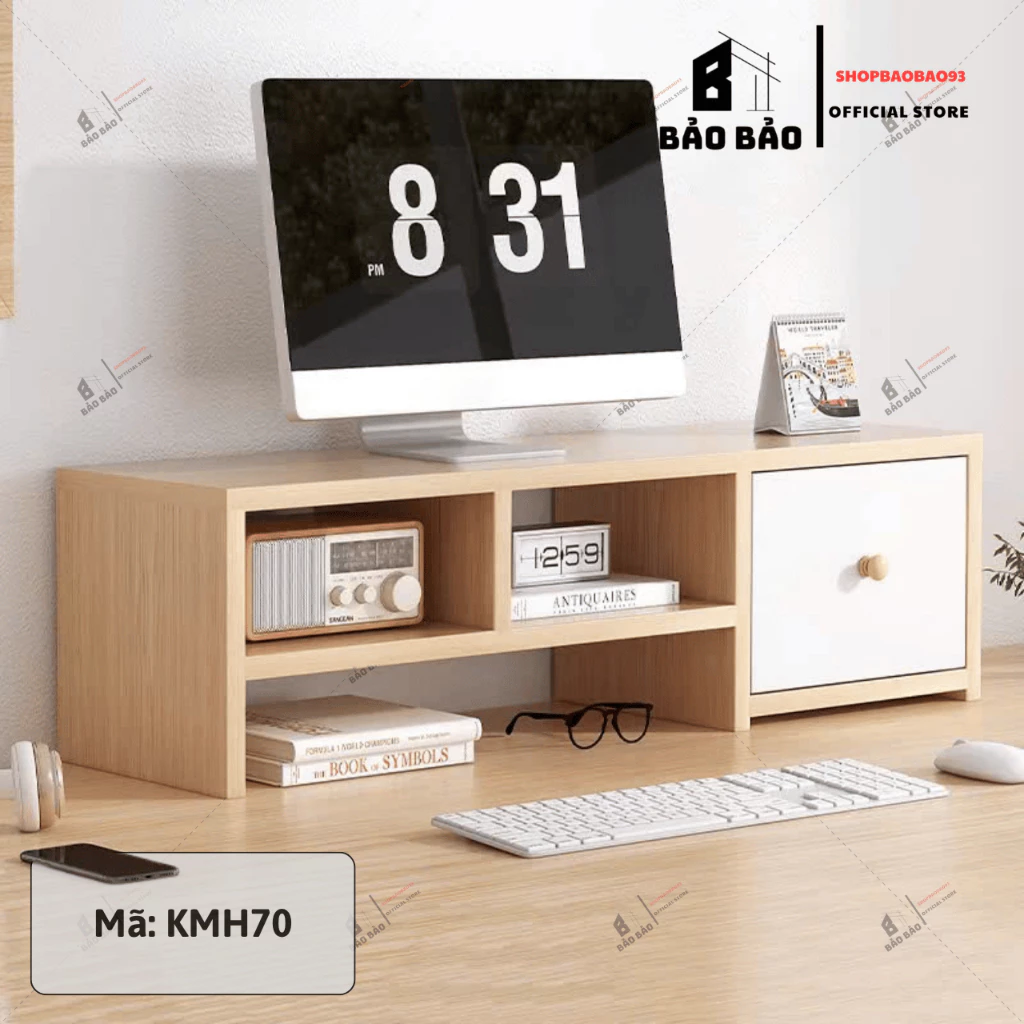 Kệ để màn hình máy tính đa năng có ngăn tủ chất liệu gỗ MDF hiện đại Bảo Bảo - KMH70