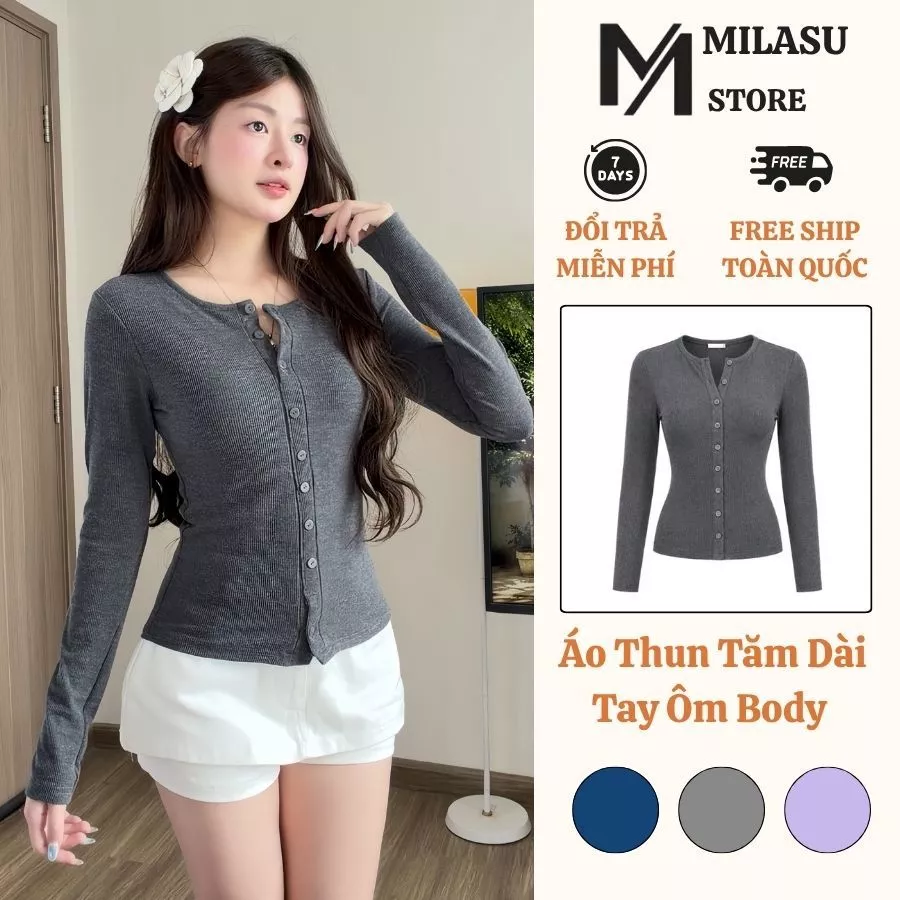 Áo Thun Dài Tay Ôm Body Cài Nút Trước Milasu Áo Nữ Cổ Tròn Trơn Basic Đơn Giản 560