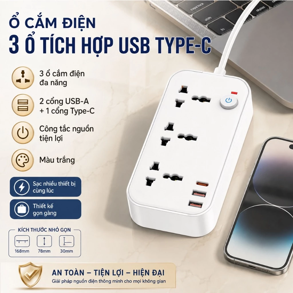 Ổ Cắm Điện A3 Tích Hợp USB Type-C 3 Ổ Cắm Điện, 2 Cổng Sạc USB 1 Cổng Type-C Có Chốt Công Tắc