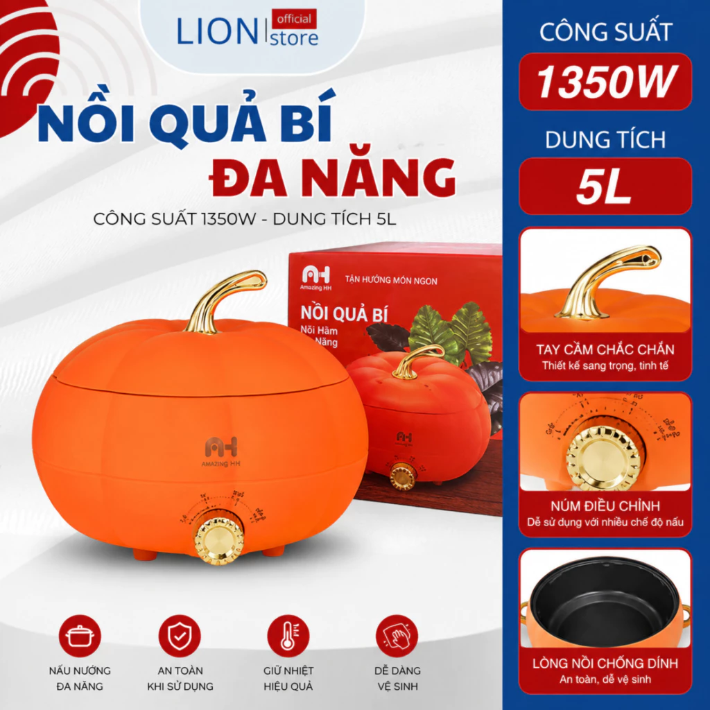 [𝐠𝐢𝐚𝐝𝐮𝐧𝐠𝐋𝐈𝐎𝐍] Nồi Lẩu Điện Đa Năng Hình Bí Ngô, Công Suất 1350W, Dung Tích 5 Lít Chống Dính Vệ Sinh Dễ Dàng