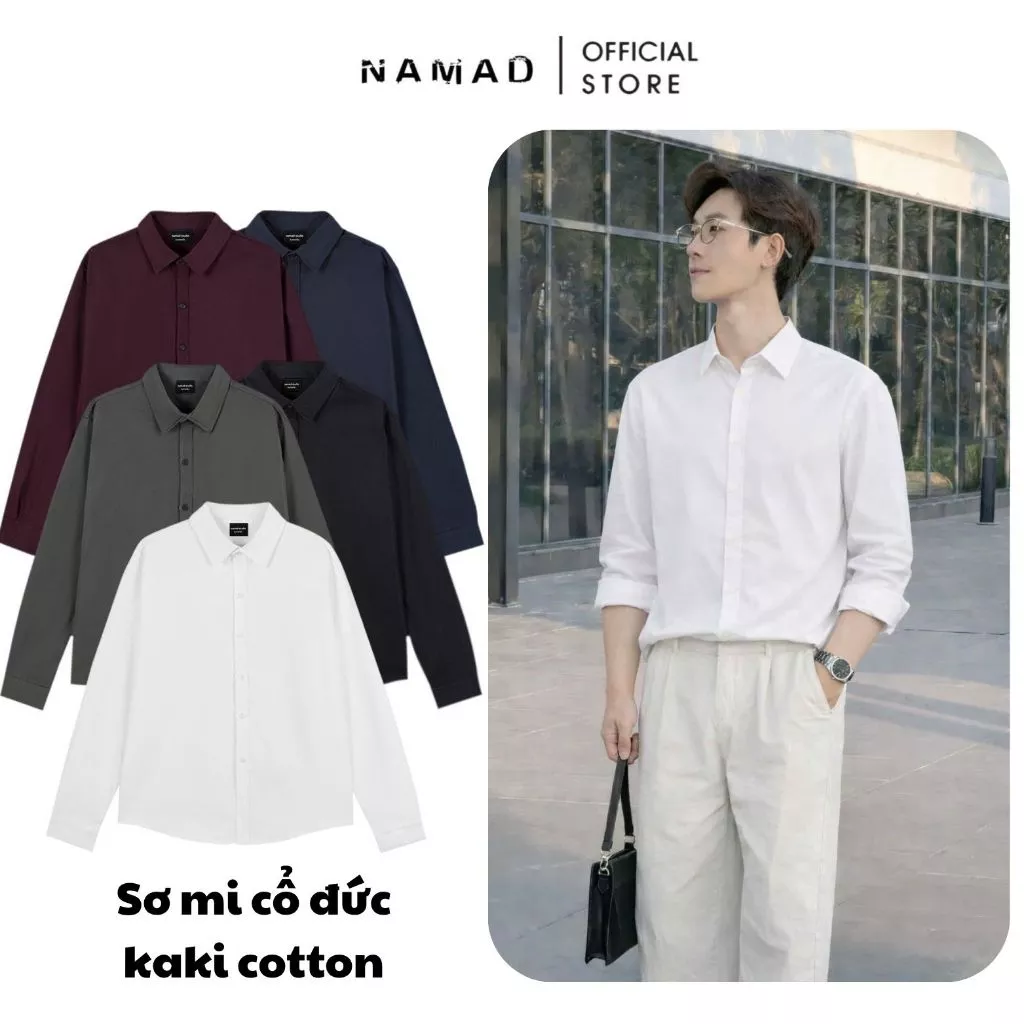 Áo sơ mi nam Namad cổ đức dài tay, kaki cotton thấm hút mồ hôi, form rộng C14