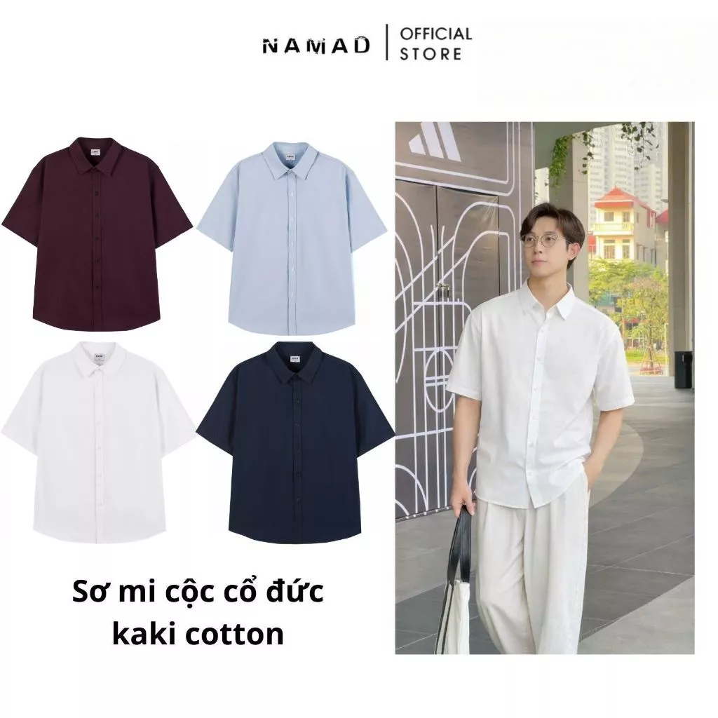 Áo sơ mi nam Namad cổ đức cộc tay, Kaki Cotton thấm hút mồ hôi, form rộng C2