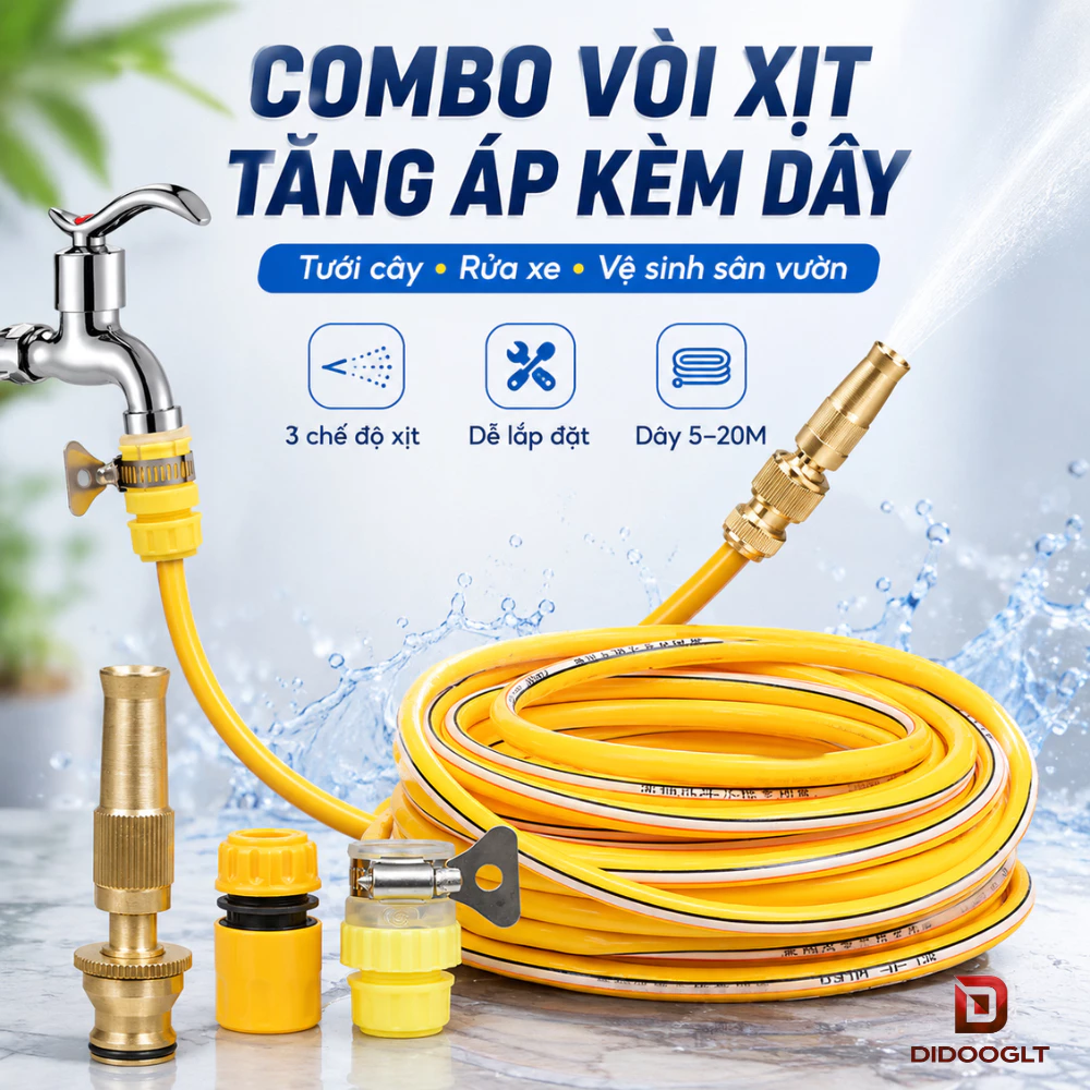 COMBO Xịt Nước Tăng Áp Tưới Cây Vườn Rửa Xe, Bộ Vòi Tăng Áp Kèm Dây Dẫn 5-20M Didooglt