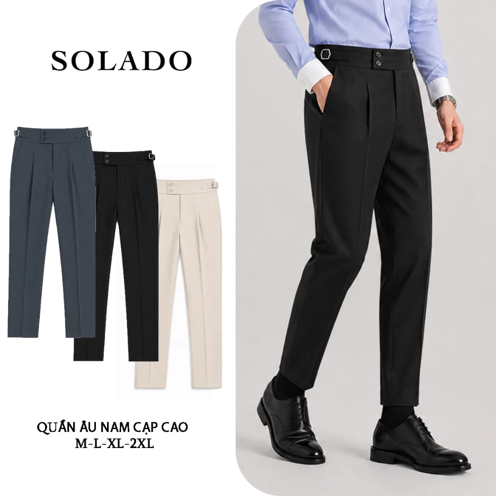 Quần âu nam cạp cao Sidetab 2 khuy baggy suông đen, quần âu nam hàn quốc lưng cao công sở cao cấp SOLADO QCC
