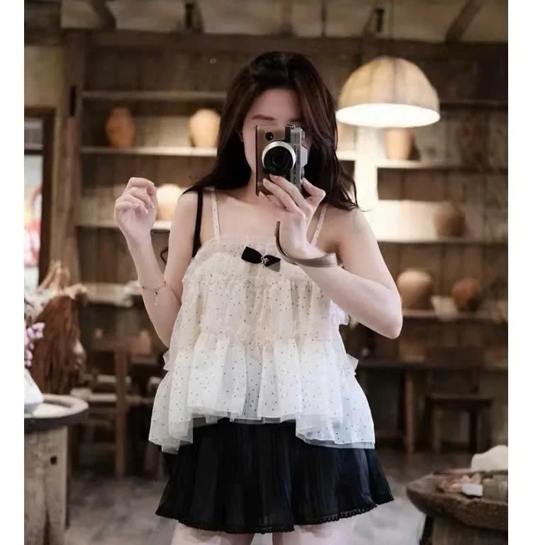(Xả Kho): Áo 2 Dây Voan Tơ Hoạ Tiết Chấm Bi Bèo Tầng Đính Nơ Đen Mix Đồ Cực Xinh-ẢNh Thật Lollaye