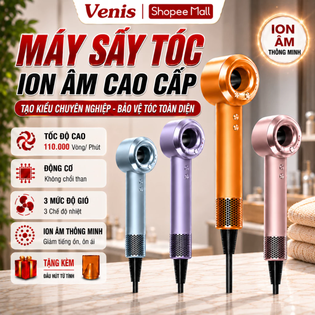 [SSS] Máy Sấy Tóc Ion Âm Cao Cấp 110.000 Vòng/Phút, Động Cơ Không Chổi Than, 3 Mức Gió 3 Mức Nhiệt