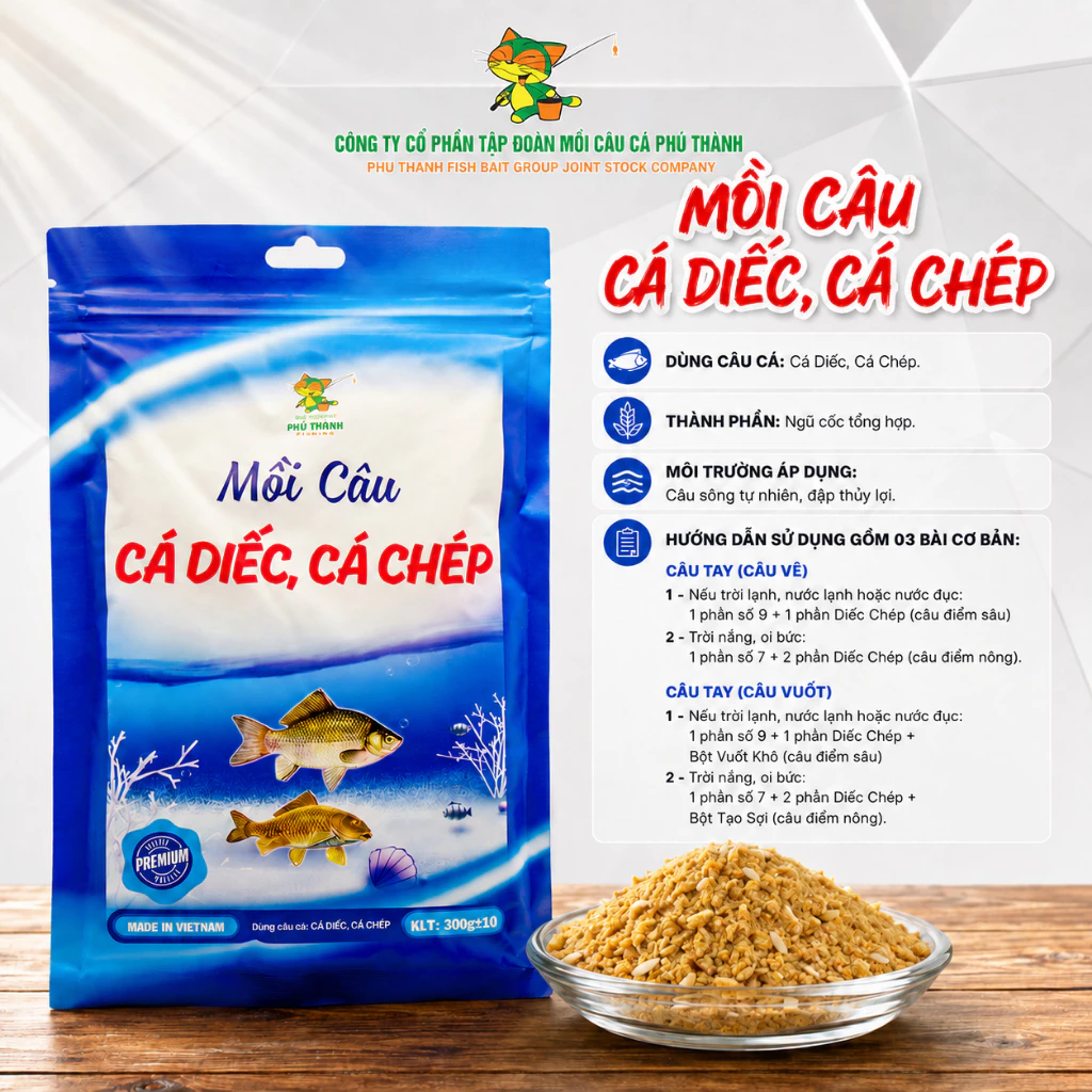 Mồi câu cá diếc, cá chép chính hãng Phú Thành (300g/túi)