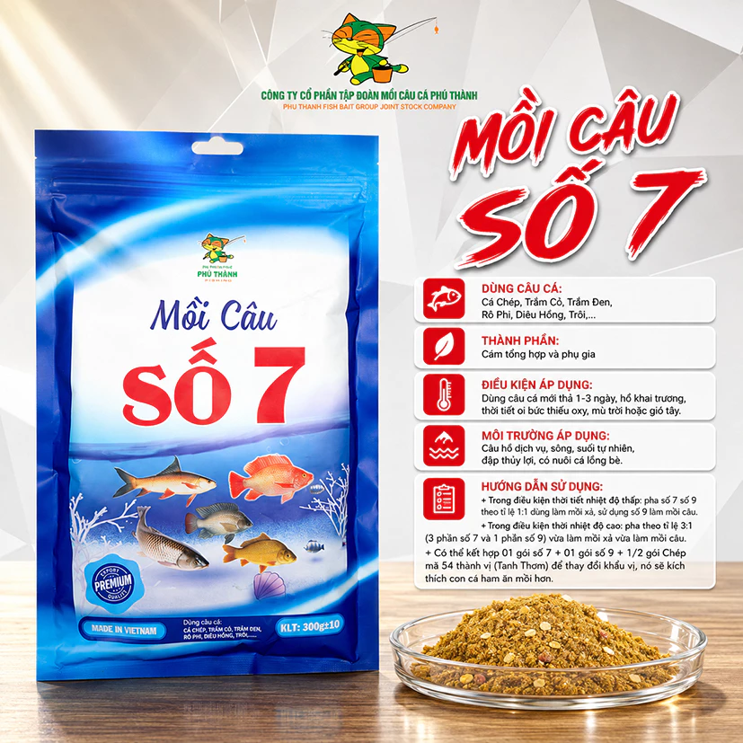 MỒI CÂU SỐ 7- MỒI CÂU SỐ 9 -   chuyên câu cá chép, trắm cỏ, trắm đen, rô phi,..chính hãng Phú Thành 300g