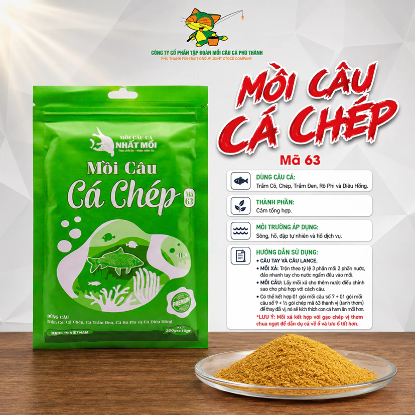 Mồi câu cá chép Nhất Mồi mã 63 chính hãng Phú Thành 200g