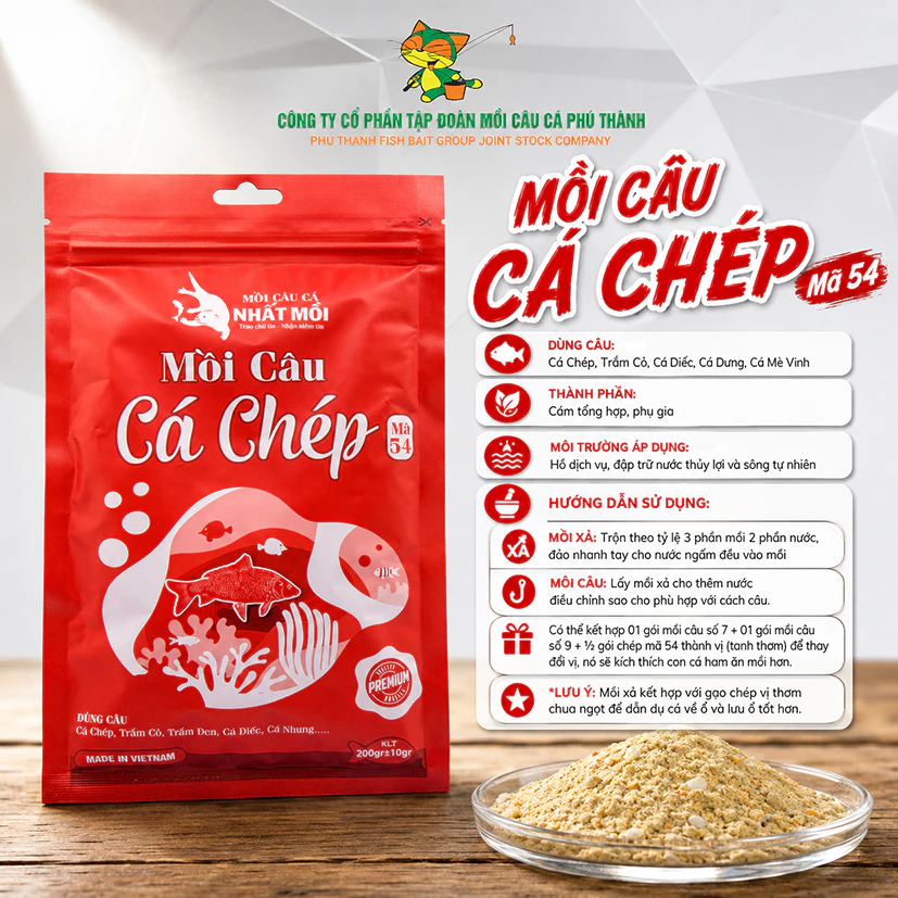MỒI CÂU CÁ CHÉP 54 - mồi câu cá chép Nhất Mồi chính hãng Phú Thành 200g
