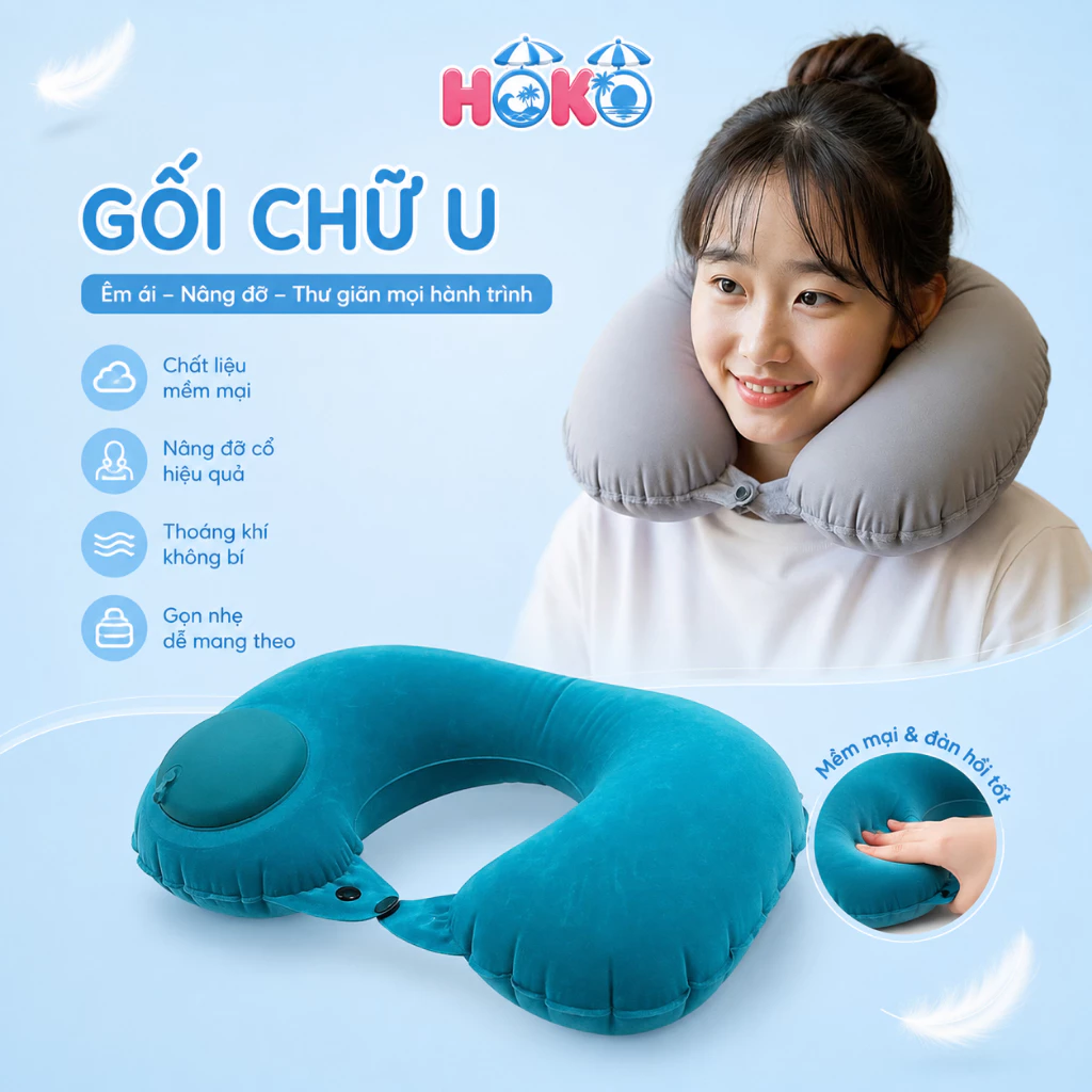 Gối chữ U kê cổ du lịch bơm hơi tự động HOKO gối bơm hơi TPU nhấn nút không cần thổi bằng miệng nhỏ gọn dễ mang theo