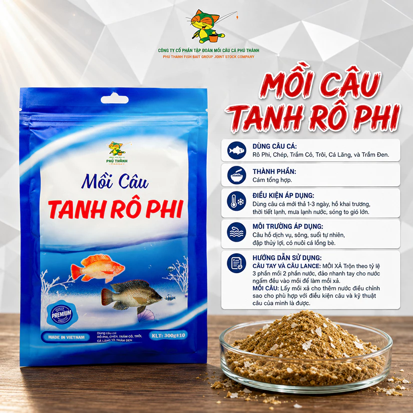 MỒI CÂU TANH RÔ PHI - chuyên dùng câu cá rô phi, chép, trắm cỏ, trôi, lăng và trắm đen chính hãng Phú Thành 300g