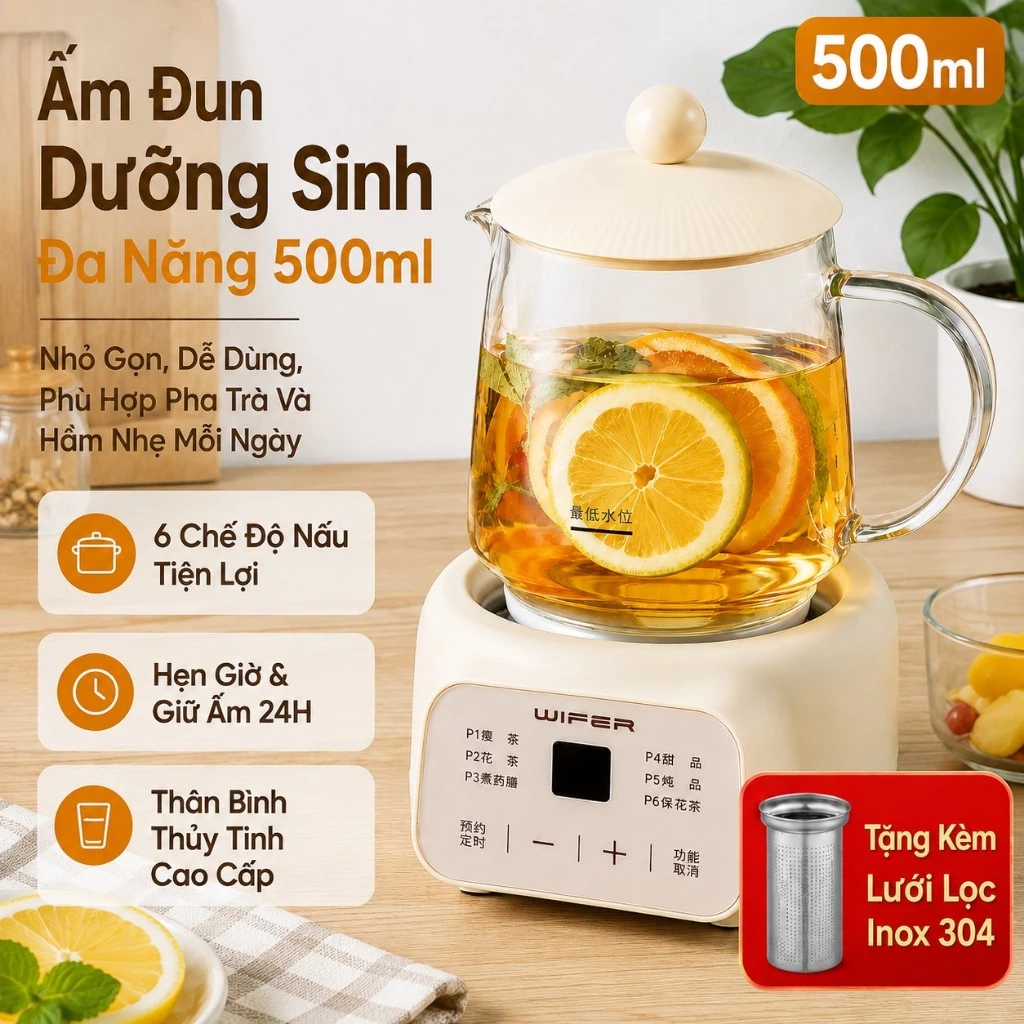 Ấm Đun Nước Điện Thủy Tinh Mini 500ml, Ấm Dưỡng Sinh 400W, Nồi Nấu Chậm Đa Năng 6 Chế Độ, Hẹn Giờ Giữ Ấm 24H
