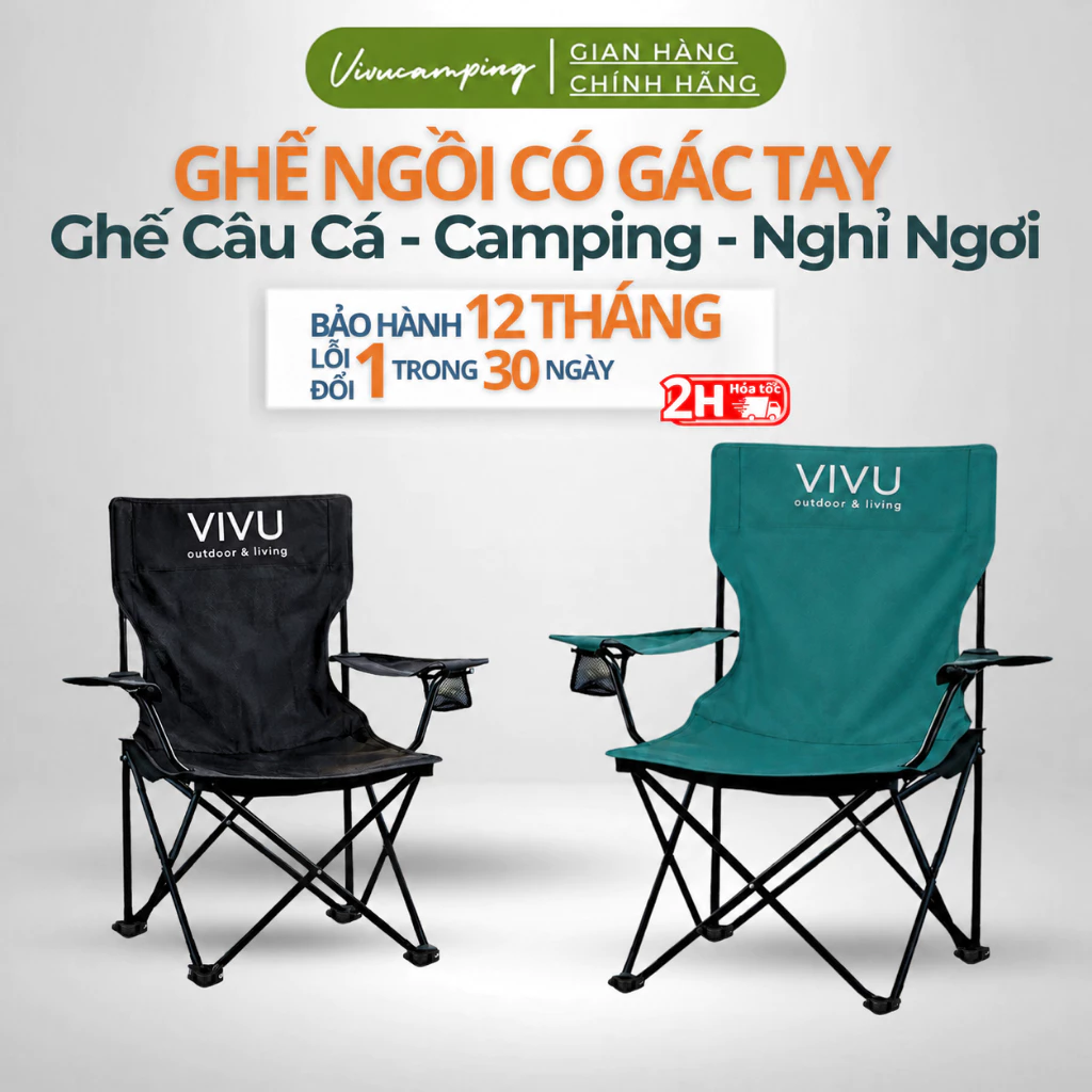 Ghế Câu Cá Gấp Gọn Vivu Outdoor Có Tay Vịn, Ghế Cắm Trại Dã Ngoại Ngoài Trời Vải Oxford Thép Carbon