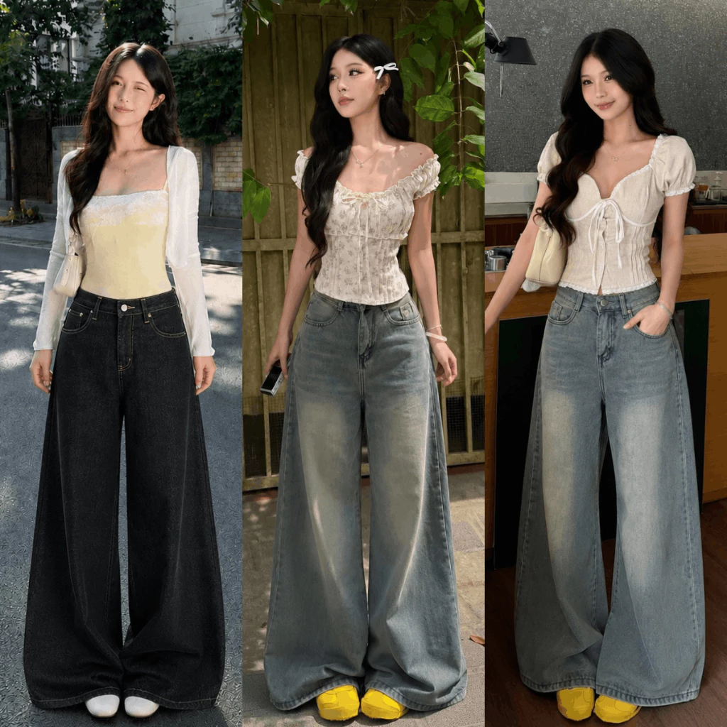 Quần Jean Suông Xanh Xám Ống Rộng 30-33CM Cạp Cao Màu Wash Retro Quần Jean Denim Mềm Ôm Eo Tôn Dáng MIAA