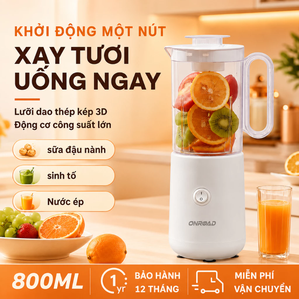 ONR-Máy Xay Sinh Tố 800ML Đa Chức Năng, Nút Xoay, Lưỡi Dao Inox Ba Chiều, Bảo Hành 12 Tháng