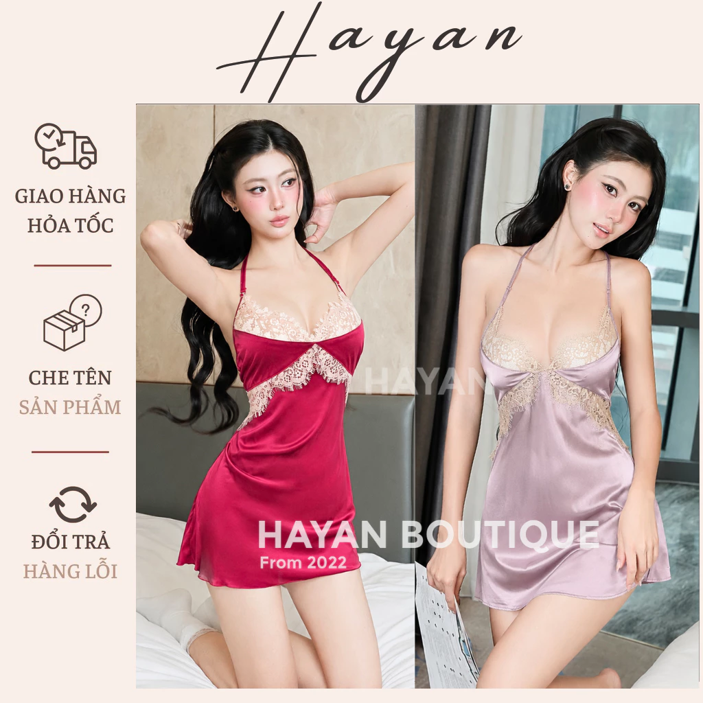 HT28 Váy ngủ sexy viền ren hoa ngực dây buộc hở lưng,đồ ngủ lụa  cổ yếm mặc nhà gợi cảm HT28