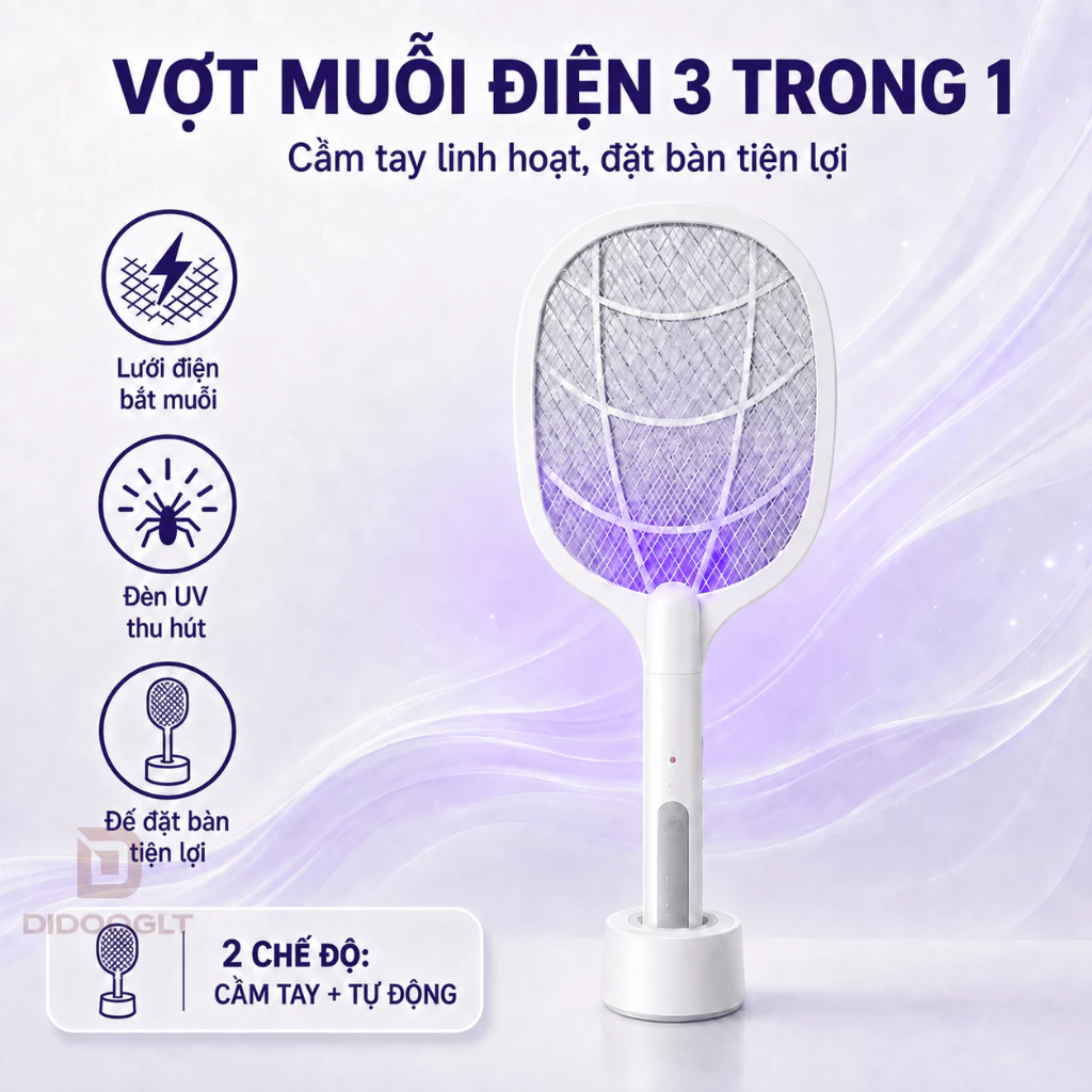 Vợt Muỗi Tự Động 3in1 Kiêm Đèn Bắt Muỗi Thông Minh 1200mAh Sạc Tích Điện Tiện Lợi DIDOOGLT