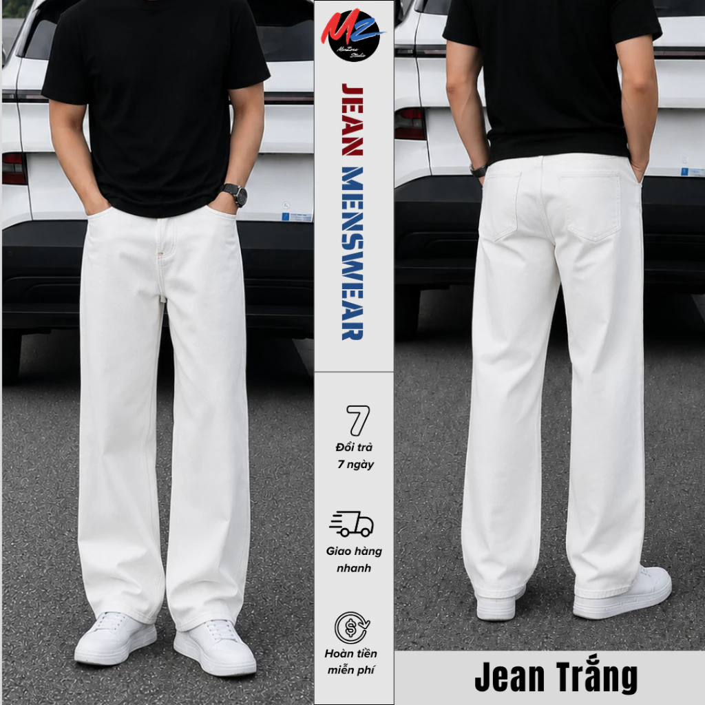 Quần Jean Trắng Ống Suông Rộng,Form Regula,Phong Cách Hàn Quốc MenZone,Quần Bò Nam Nữ Có Đủ Size