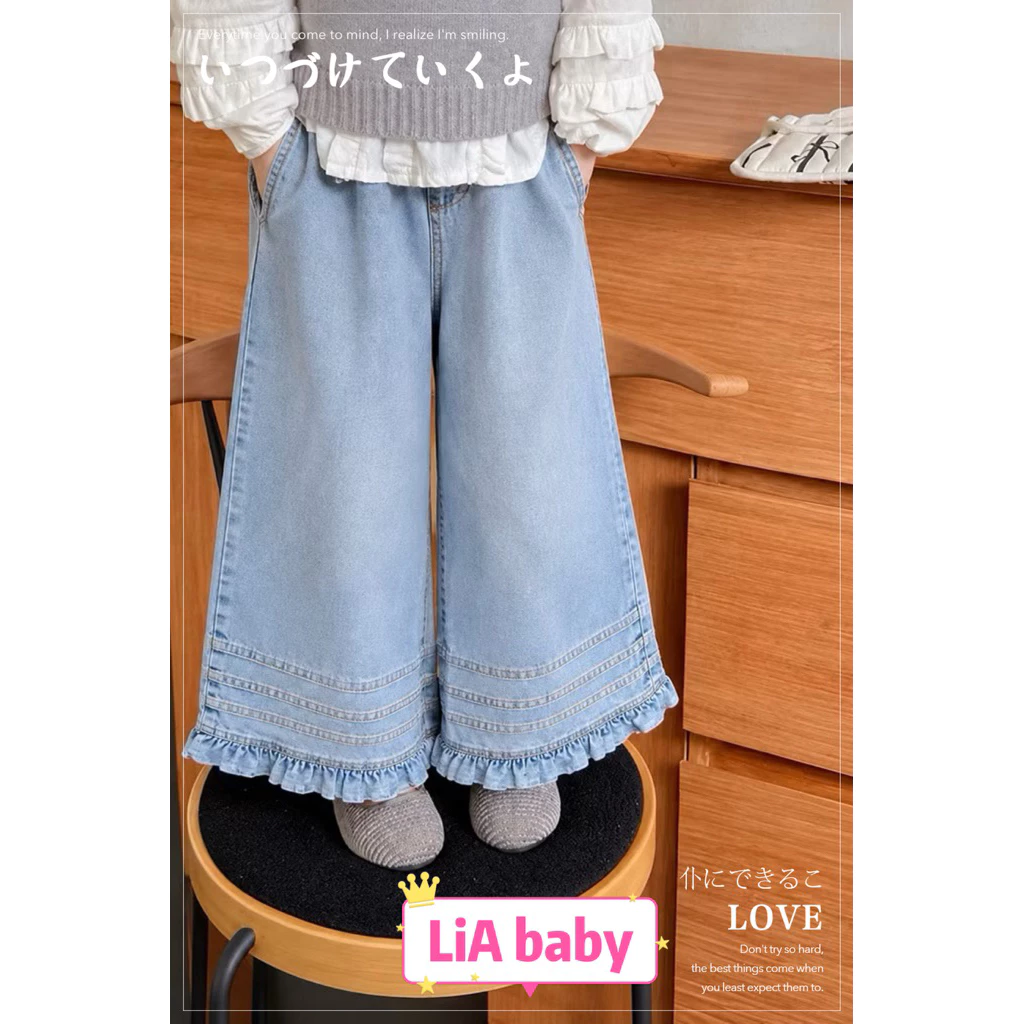 Quần jean xuông ống phối bèo siêu xinh dễ mặc cho bé gái đi học đi chơi(9-40kg)-Q38