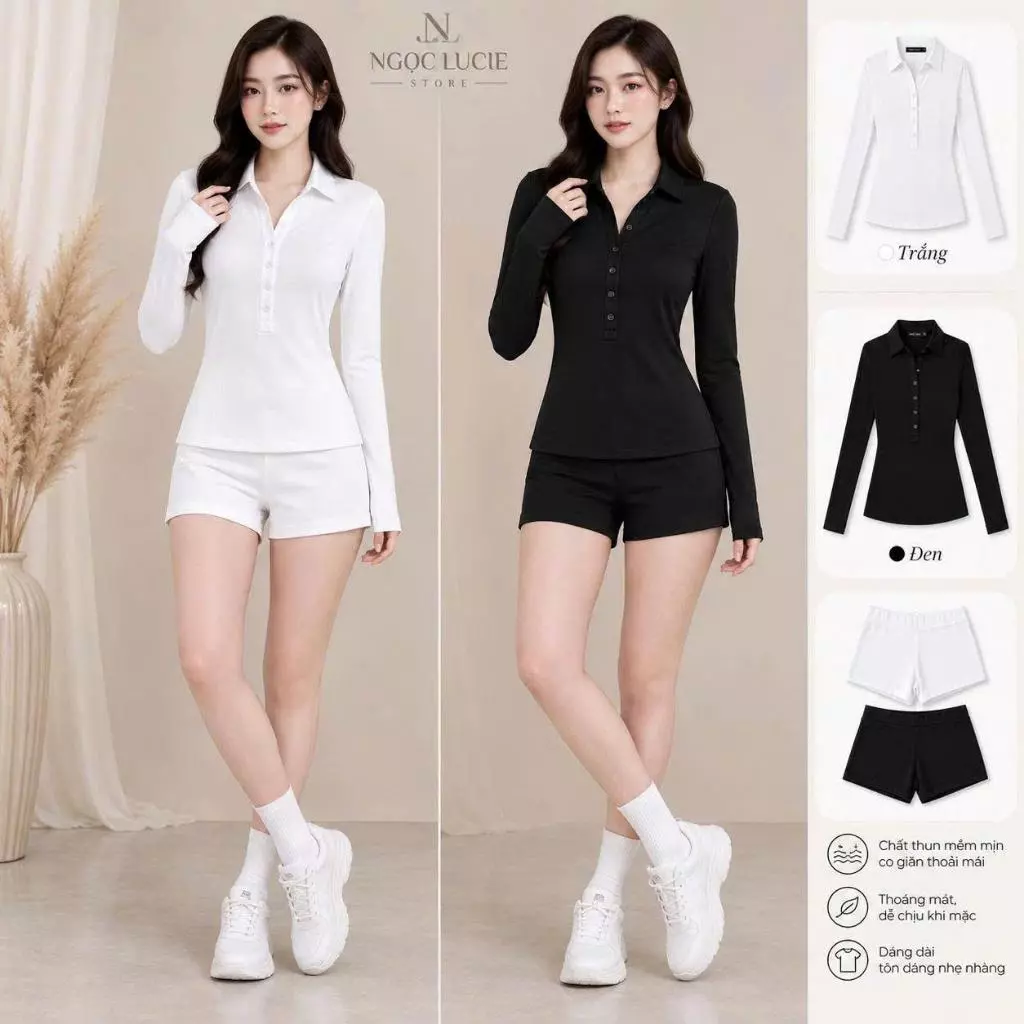 G14 - Set Áo Polo Tay Dài Quần Short Chất Thun Co Giãn Năng Động Ngọc Lucie