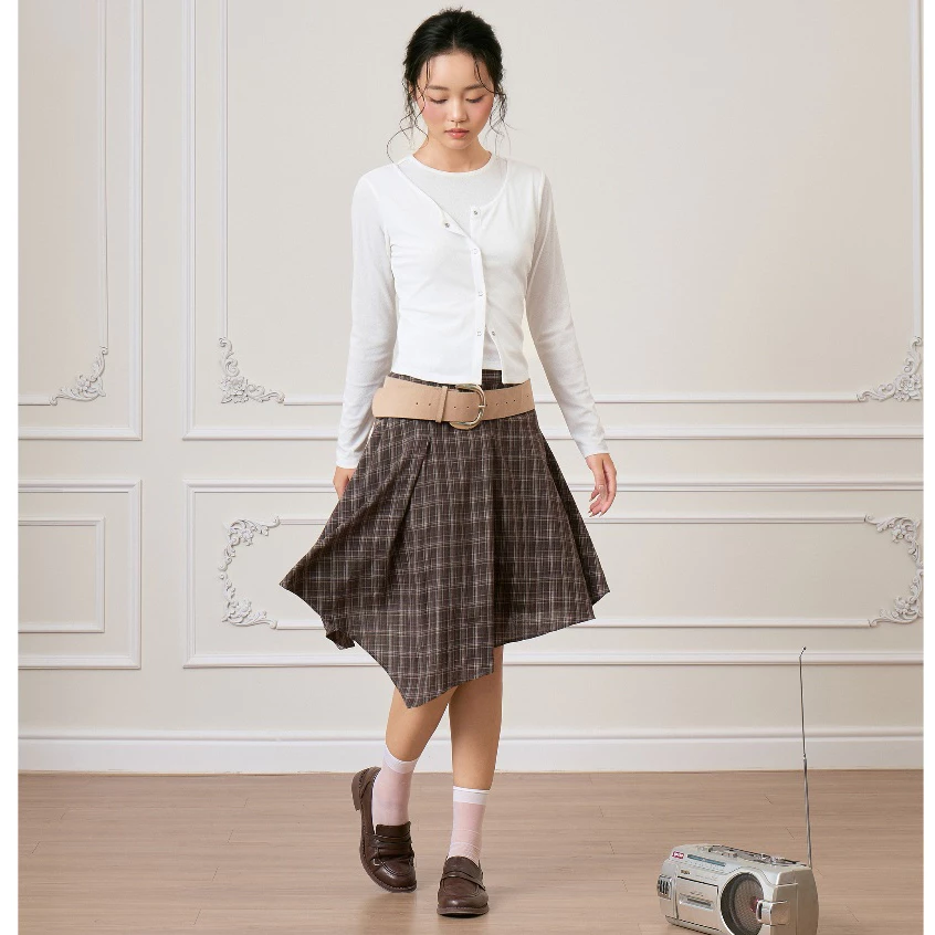 Chân váy midi sọc caro THE C.I.U, chân váy xòe cạp cao vạt xéo lệch tà - Somi Midi Skirt