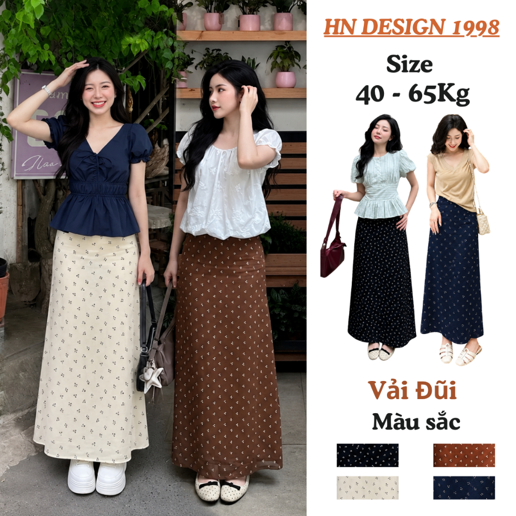 Chân Váy Chữ A Vải Đũi Hoa Nhí Xẻ Tà Dáng Dài Khóa Lưng Thanh Lịch Basic Mặc…