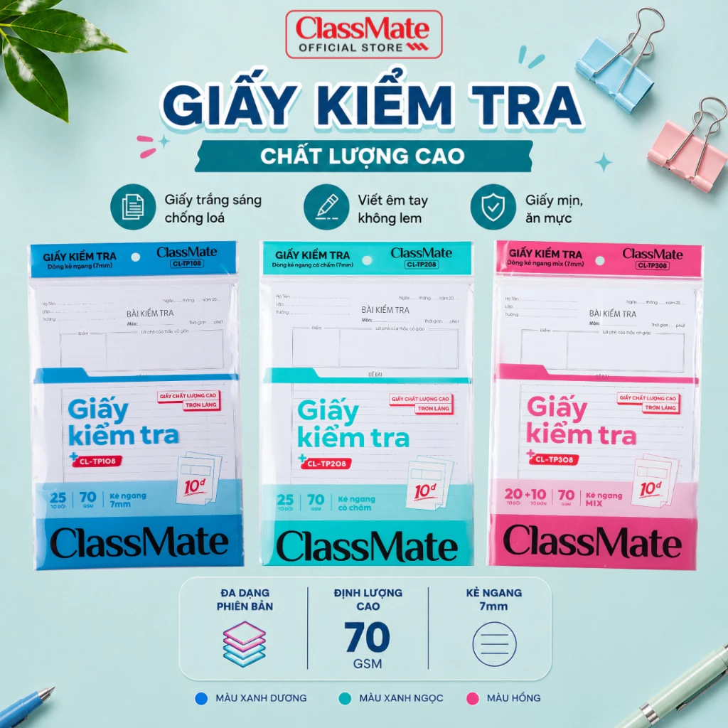 Giấy Kiểm Tra Cấp 2, Cấp 3 CLASSMATE Giấy Kẻ Ngang 70GSM Giấy Mịn Viết Êm Tay, Tập Kiểm Tra Kẻ Ngang Có Chấm 25 Tờ Đôi