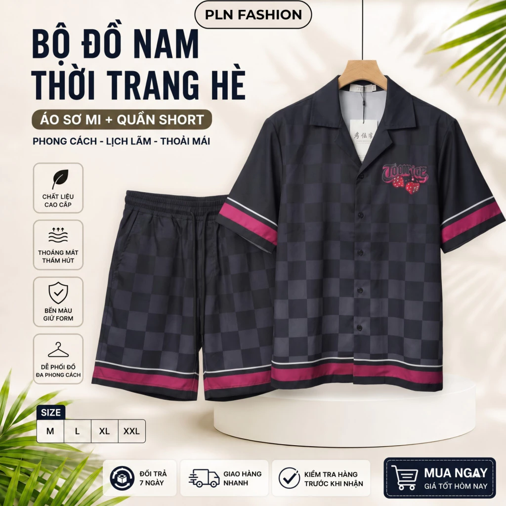 đồ bộ ngắn tay họa tiết nam mặc mùa hè siêu thoáng mát, bộ sơ mi cộ tay nam chất lụa cao cấp N89