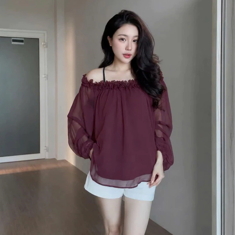 SUXING | Áo Trễ Vai Nữ Viền Bèo Tay Phồng Voan Tơ Trendy - S355