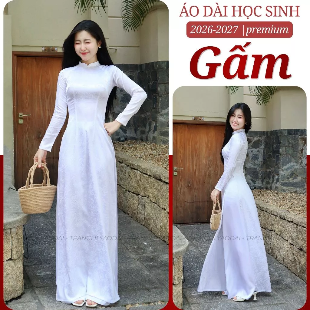 Áo dài trắng học sinh LỤA GẤM, màu trắng tinh, tay dài dáng truyền thống, đồng phục cấp 3 - TrangLily Áo Dài