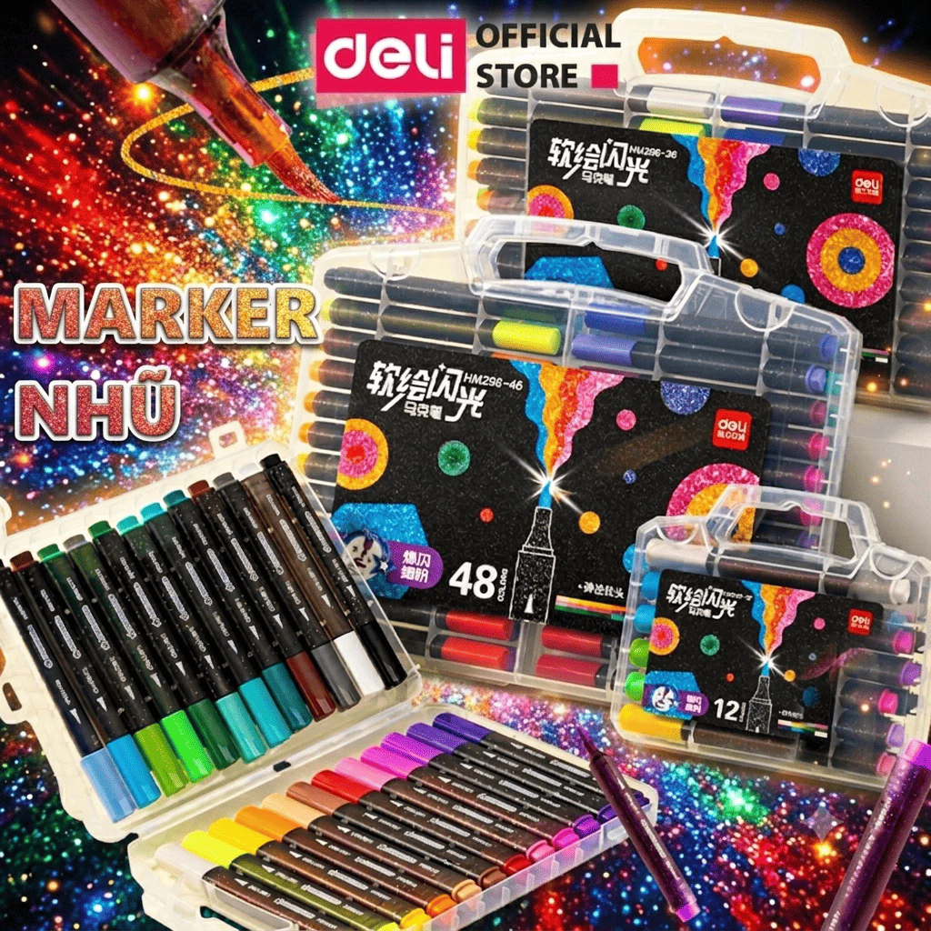 Bút Marker Nhũ Deli Thân Tam Giác - Hộp PP 12/24/36/48 Màu Mực Nhũ Lấp Lánh Vẽ Tranh Decor