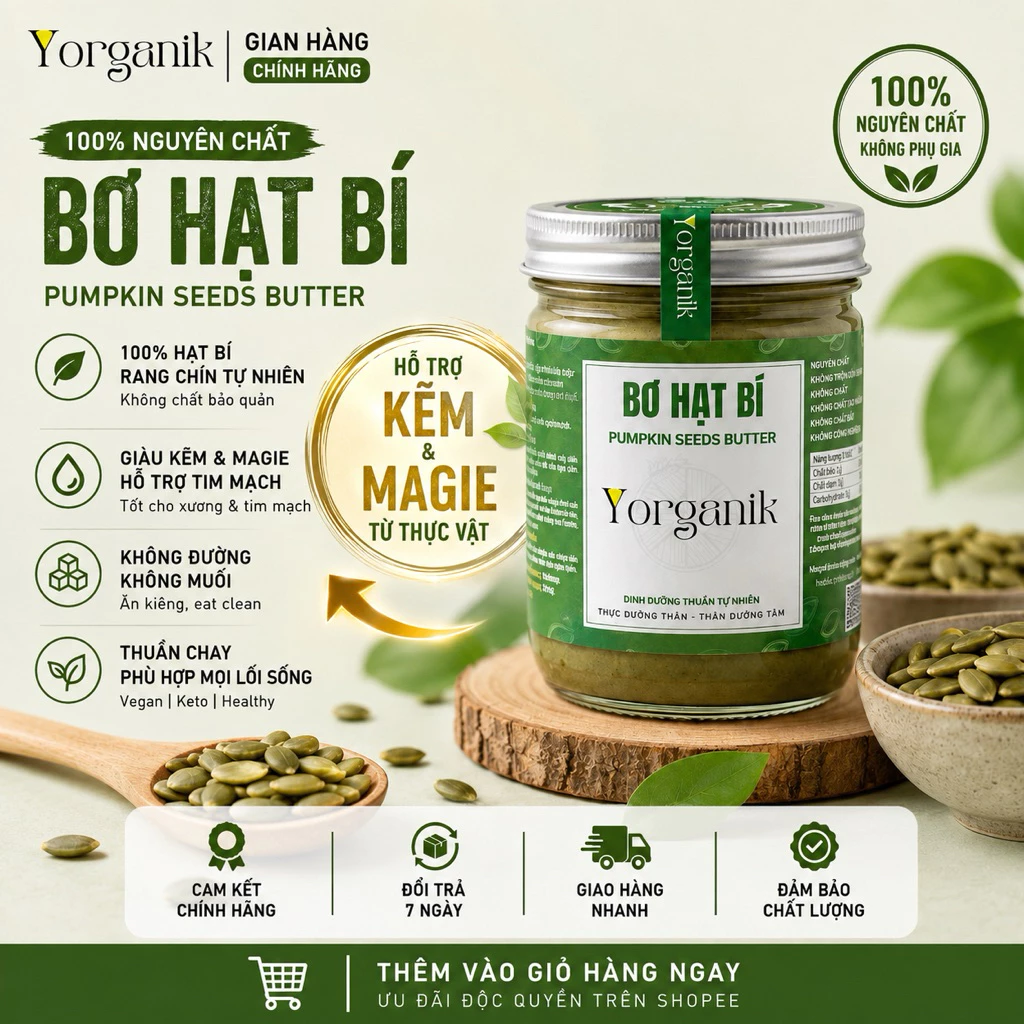 Bơ Hạt Bí Nguyên Chất Yorganik – Giàu Kẽm & Magie Từ Thực Vật Healthy Không Đường Hũ 200g/450g