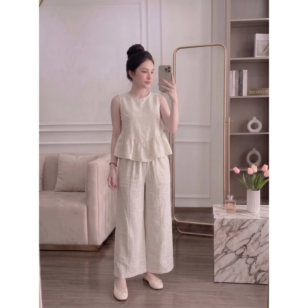 Set Bộ Nữ Sát Nách Phối Bèo + Quần Suông Ống Rộng Cạp Chun – Phong Cách Thanh Lịch B21