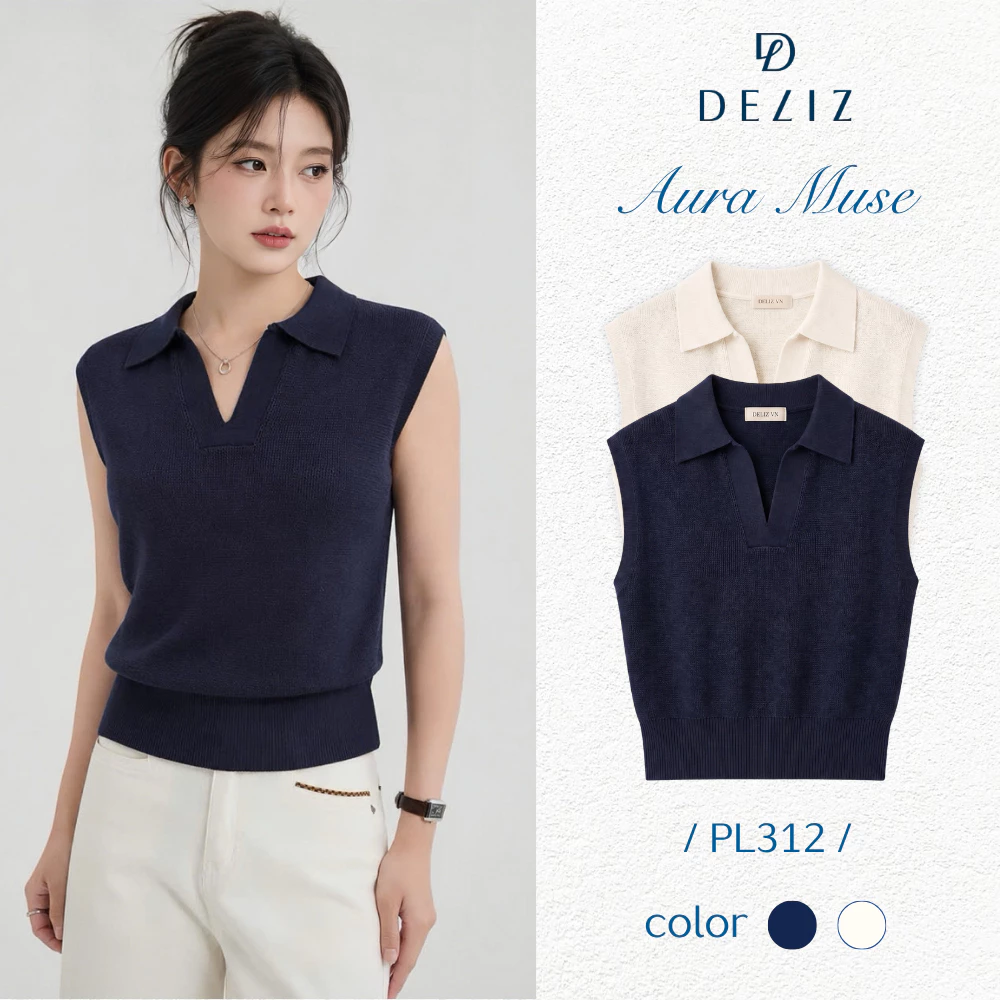 DELIZ - Áo len nữ cổ polo không tay - cộc tay dệt kim cao cấp, áo len sát nách dáng ôm trẻ trung dễ phối đồ PL312