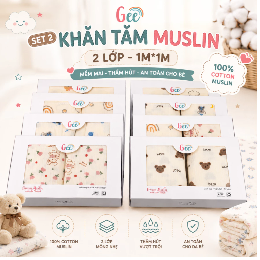 Set 2 khăn tắm muslin Gee 2 lớp, 4 lớp cho bé sơ sinh chất liệu mềm mại, kích thước 1m*1m