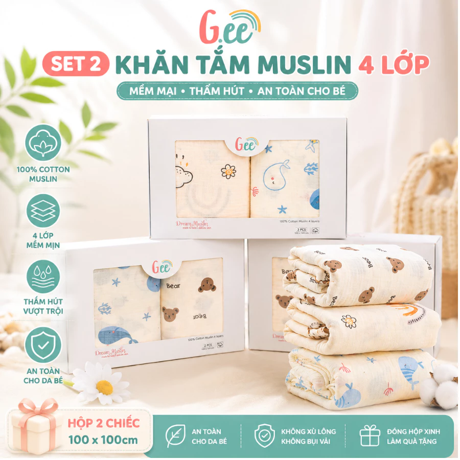 Set 2 khăn tắm 4 lớp Gee muslin dày dặn, thềm mại, thấm hút kích thước 100*100cm