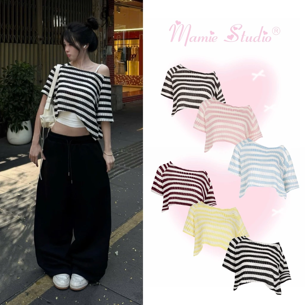 Áo croptop Mamie sọc lỗ chất dệt len thoáng khí, form rộng cho nữ (không kèm áo lót bên trong)