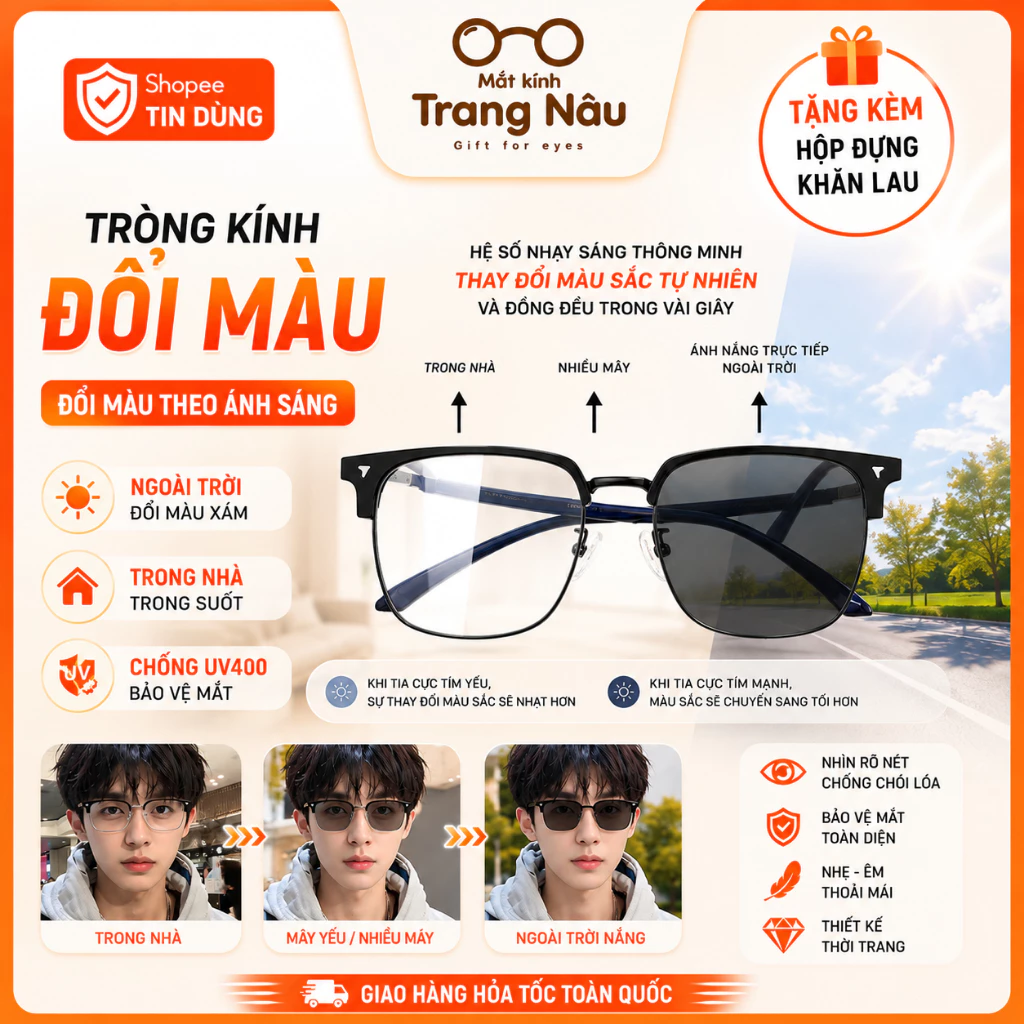Kính đổi màu chống ánh sáng xanh, bảo vệ mắt tuyệt đối cho nam và nữ chống tia UV400 đi ngày đêm 618