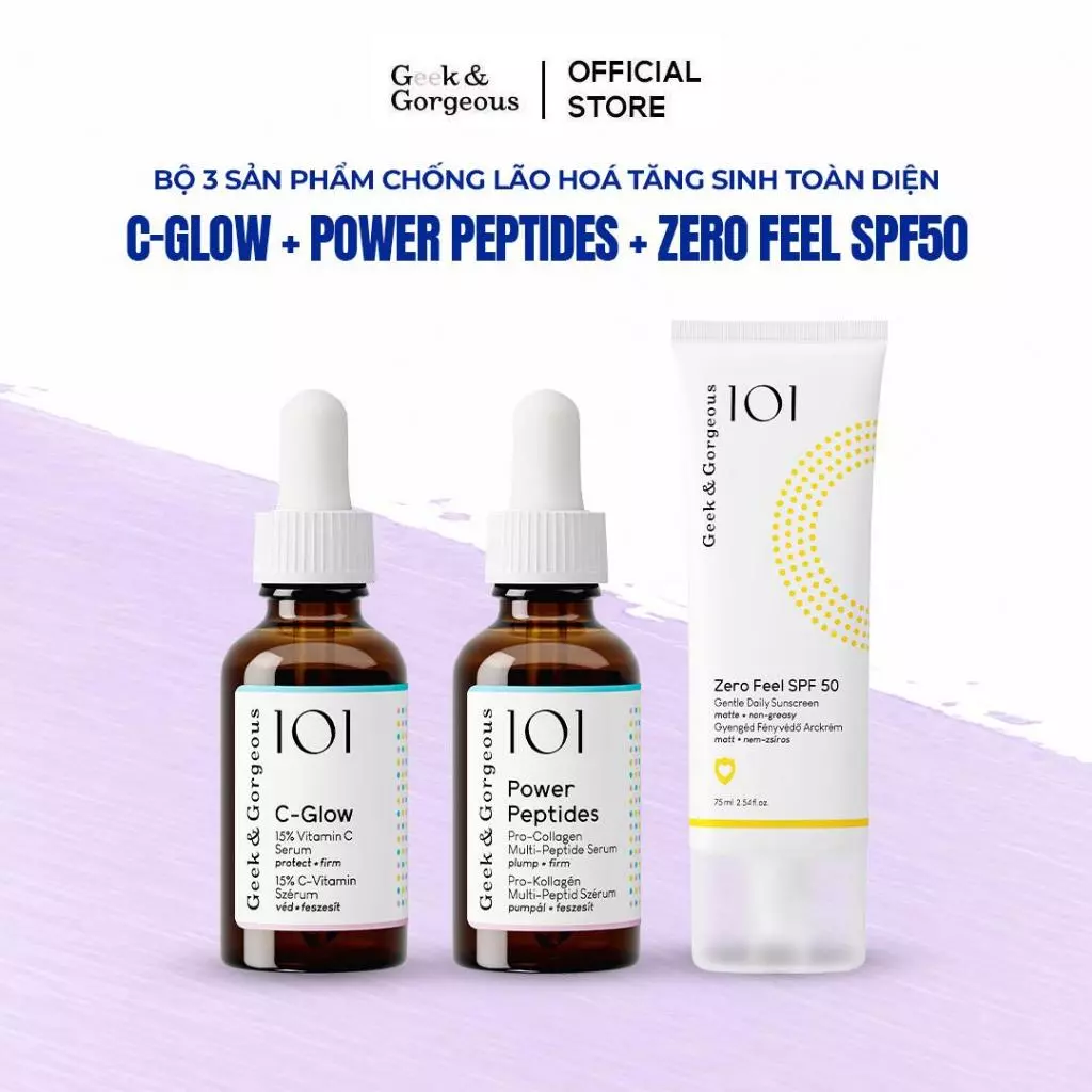 Combo 3 sản phẩm chống lão hoá tăng sinh toàn diện C-Glow 30ml + Power Peptides 30ml + Zero Feel SPF50 75ml