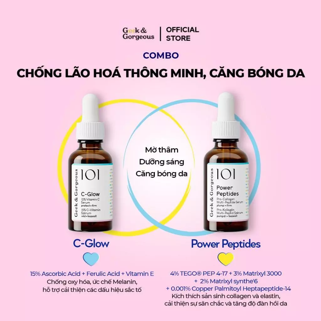 Combo chống lão hoá thông minh, căng bóng da Geek&Gorgeous C-Glow + Power Peptides 30ml+30ml