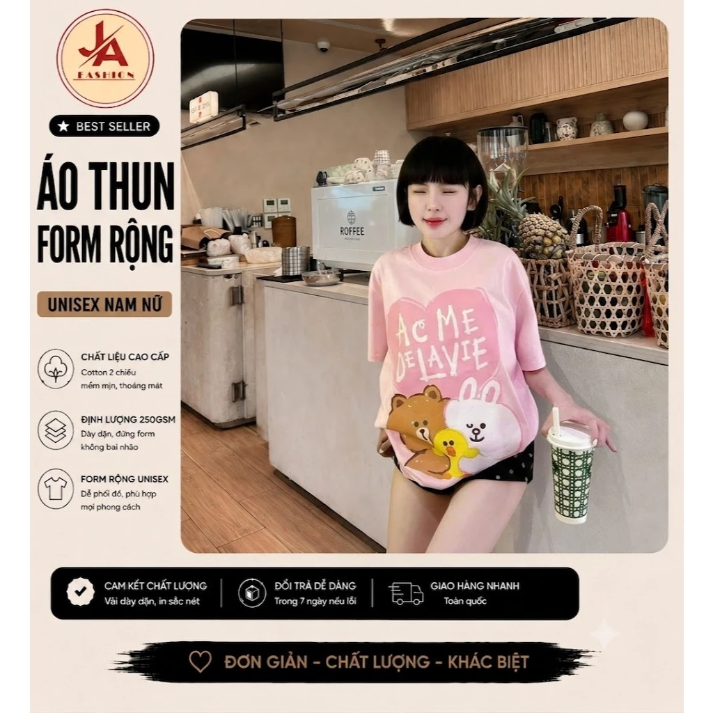 Áo thun form rộng Unisex  Màu Hồng In Hình Gấu & Thỏ Cute – Cotton Mềm Mịn, Phong Cách Hàn Quốc