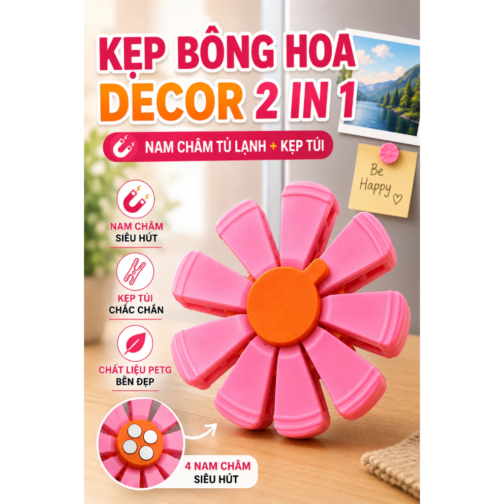 Kẹp Bông Hoa Decor 2in1 Nam Châm Tủ Lạnh Kẹp Túi Thực Phẩm Đa Năng PETG