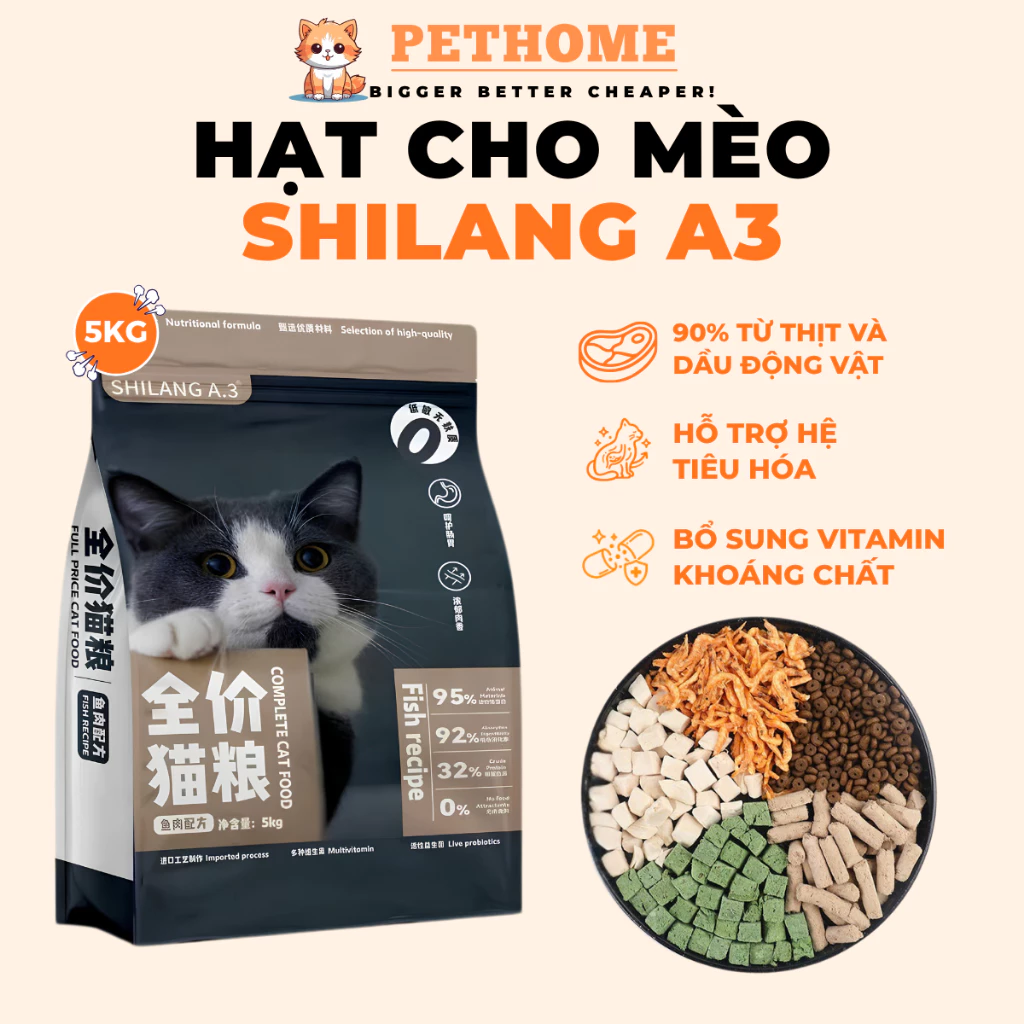 [Túi 5kg] Hạt Cho Mèo SHILANG A3 Thịt Gà, Tép, Tủy Xương, Cỏ Mèo Siêu Ngon, Không Độn Ngũ Cốc